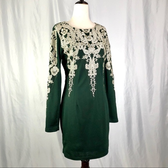 Gianni Bini emerald green bodycon long sleeve dress metallic embroidery S - Picture 1 of 10